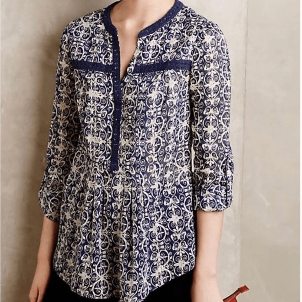 Anthropologie Maeve Womens Abella Top Size 6‎ Pintuck Crochet Boho Lightweight